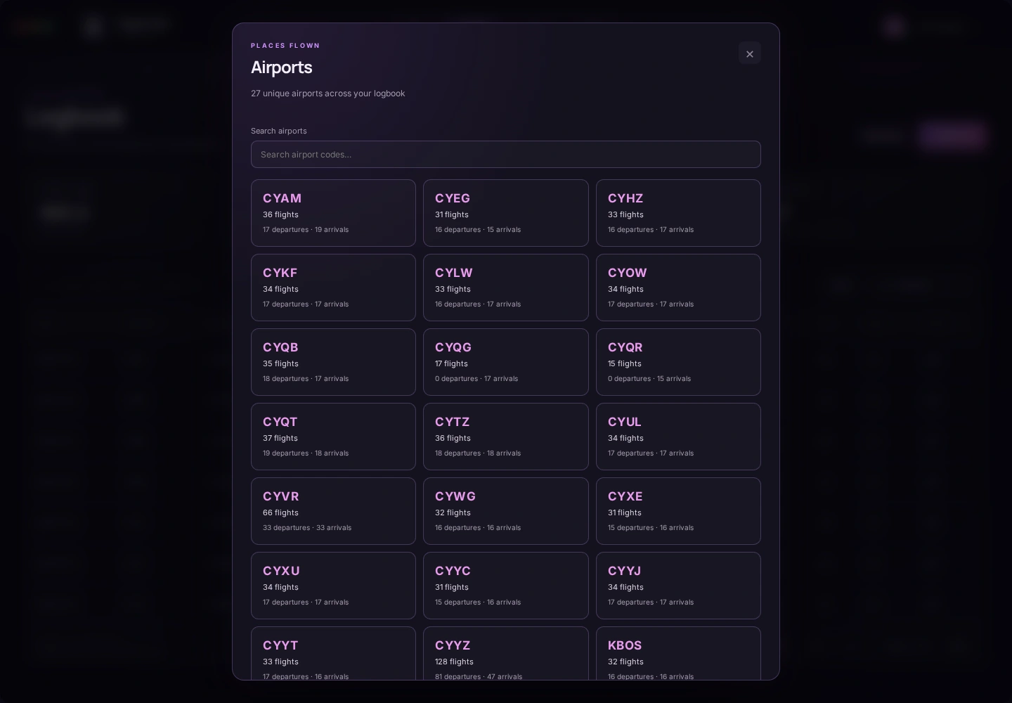 FlightTime Airports: a searchable list of 27 airports visited in the fictional demo logbook